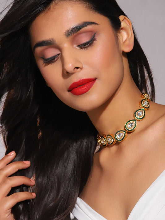Green White Brass Gold-Polished Necklace - Ruby Raang | Swadesiicart