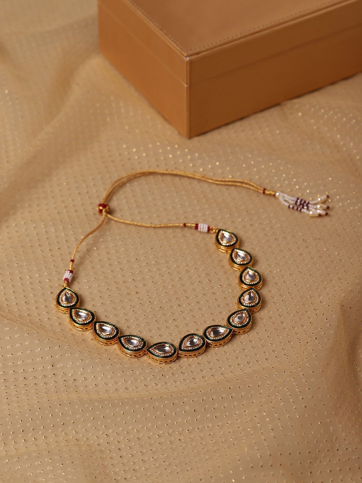 Green White Brass Gold-Polished Necklace - Ruby Raang | Swadesiicart