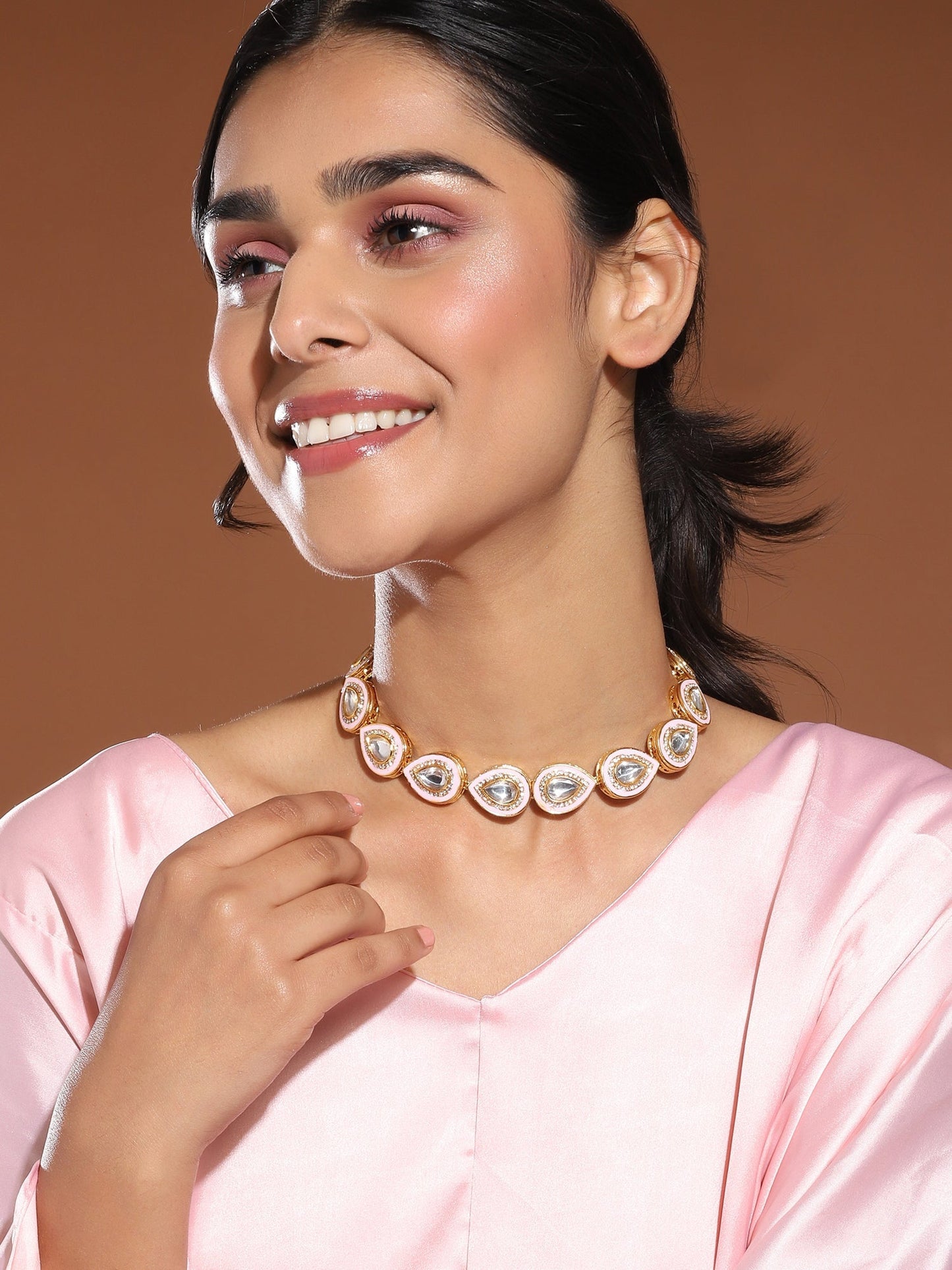 Pink Brass Gold-Polished Kundan Necklace - Ruby Raang | Swadesiicart