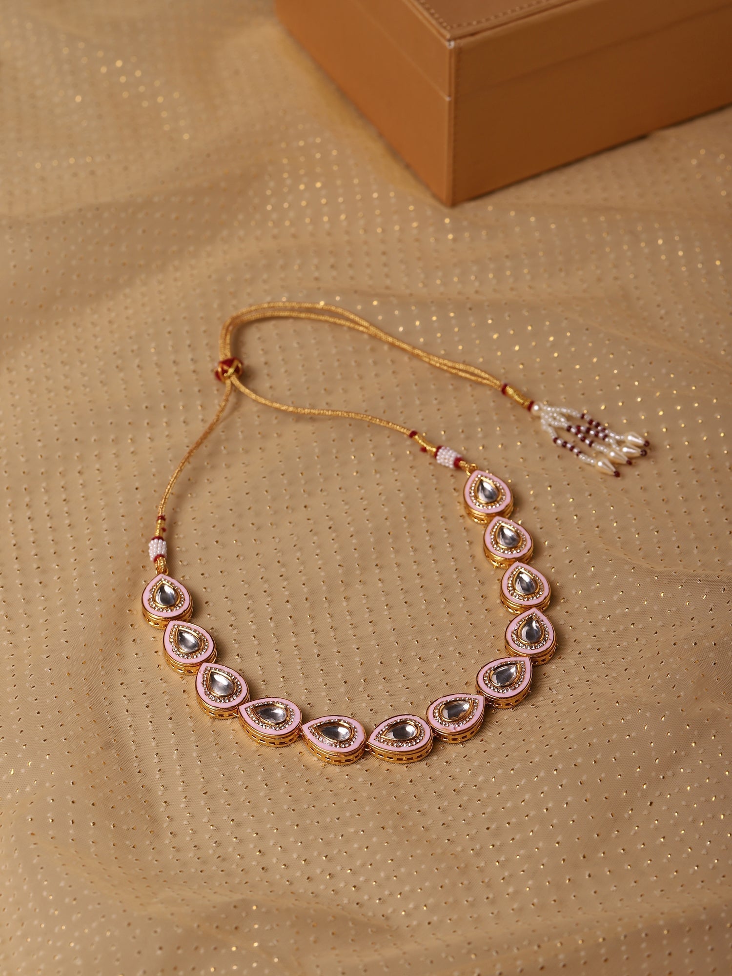 Pink Brass Gold-Polished Kundan Necklace - Ruby Raang | Swadesiicart