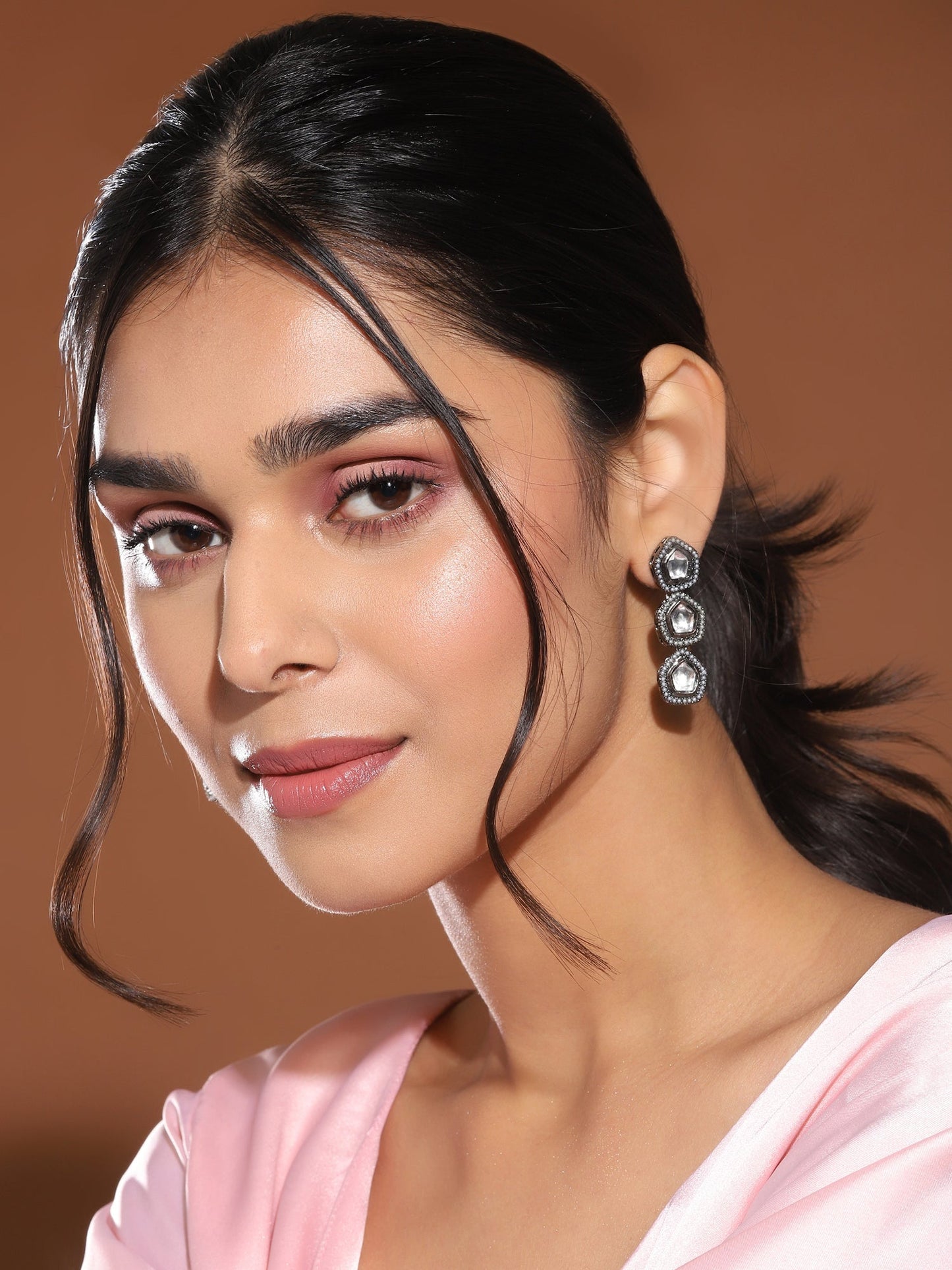 Black Geometric Kundan Drop Earrings - Ruby Raang - Ruby Raang Studio
