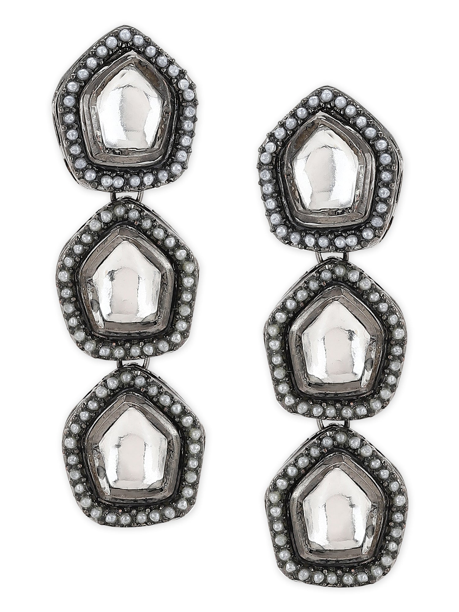 Black Geometric Kundan Drop Earrings - Ruby Raang - Swadesiicart