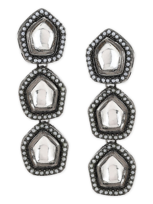 Black Geometric Kundan Drop Earrings - Ruby Raang - Swadesiicart