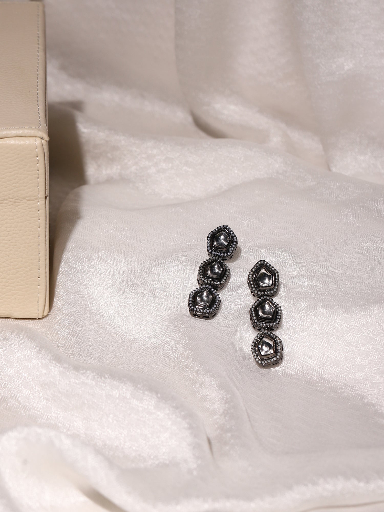 Black Geometric Kundan Drop Earrings - Ruby Raang - Swadesiicart