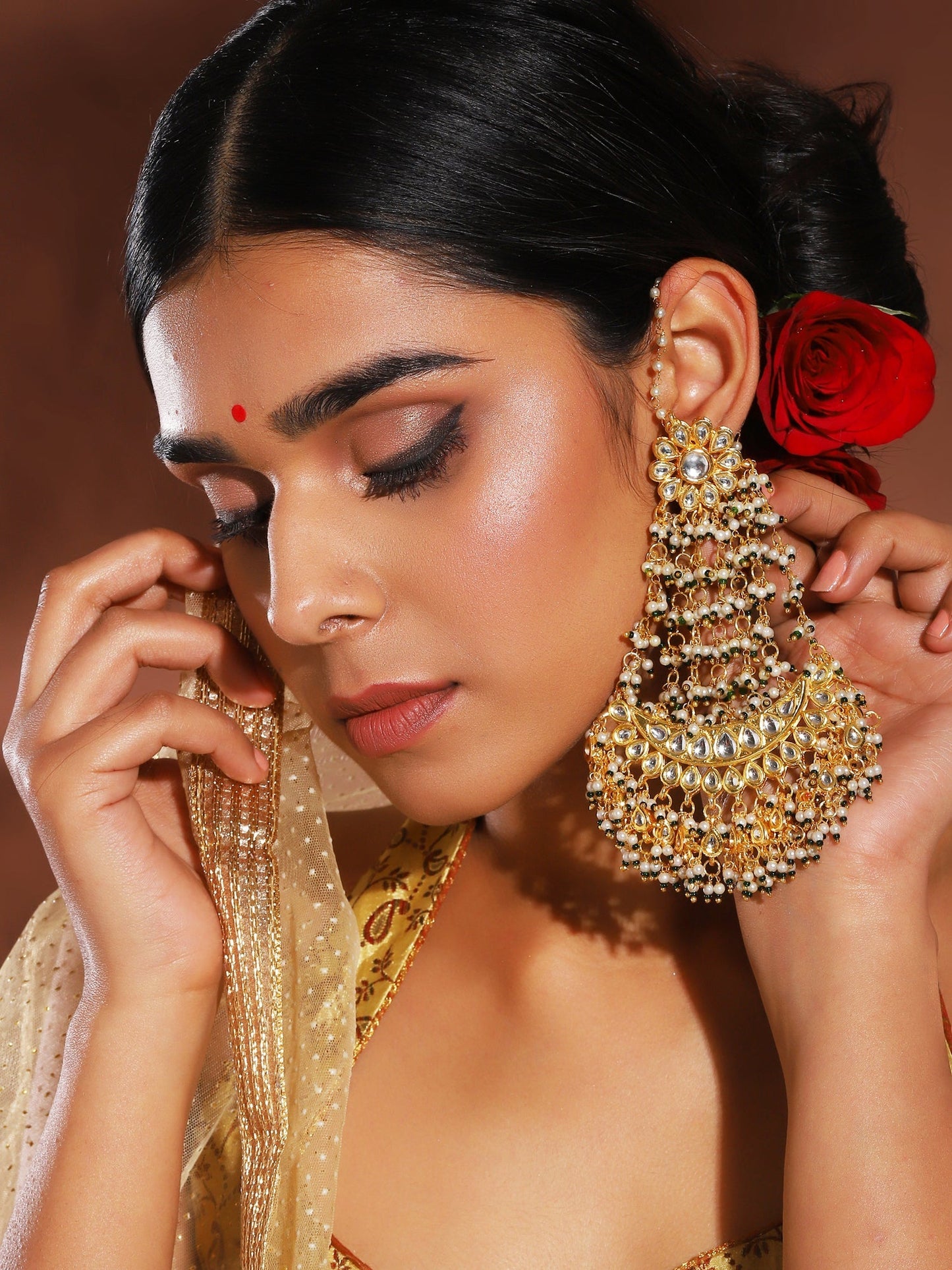 Green Contemporary Gold-Polished Chandbalis Earrings - Ruby Raang - Ruby Raang Studio