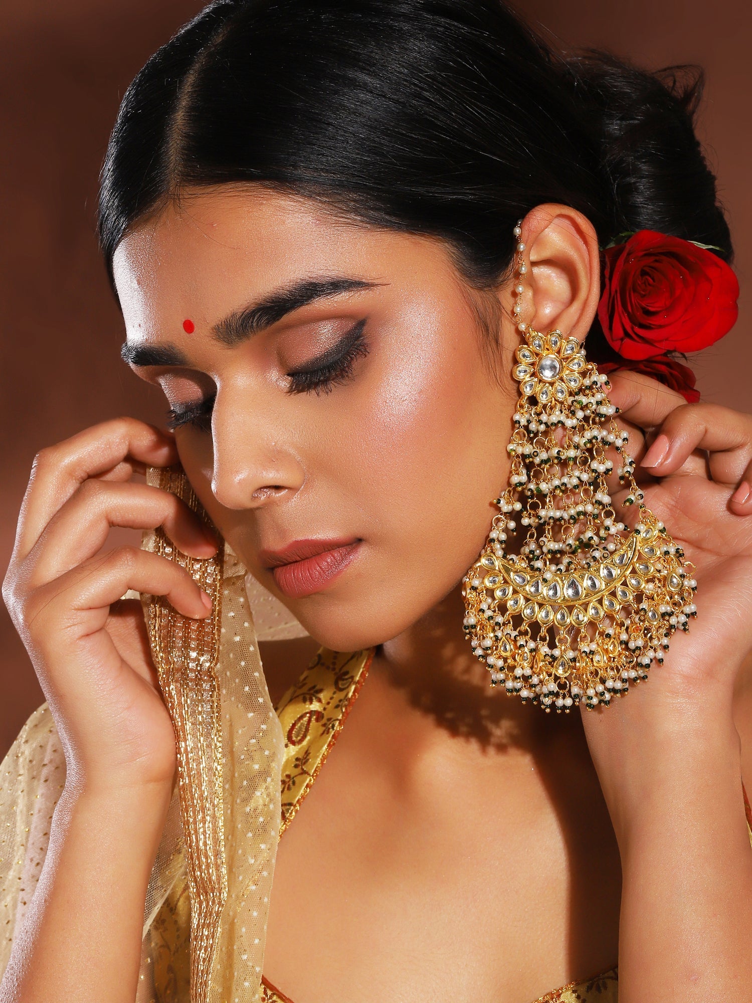 Green Contemporary Gold-Polished Chandbalis Earrings - Ruby Raang - Ruby Raang Studio