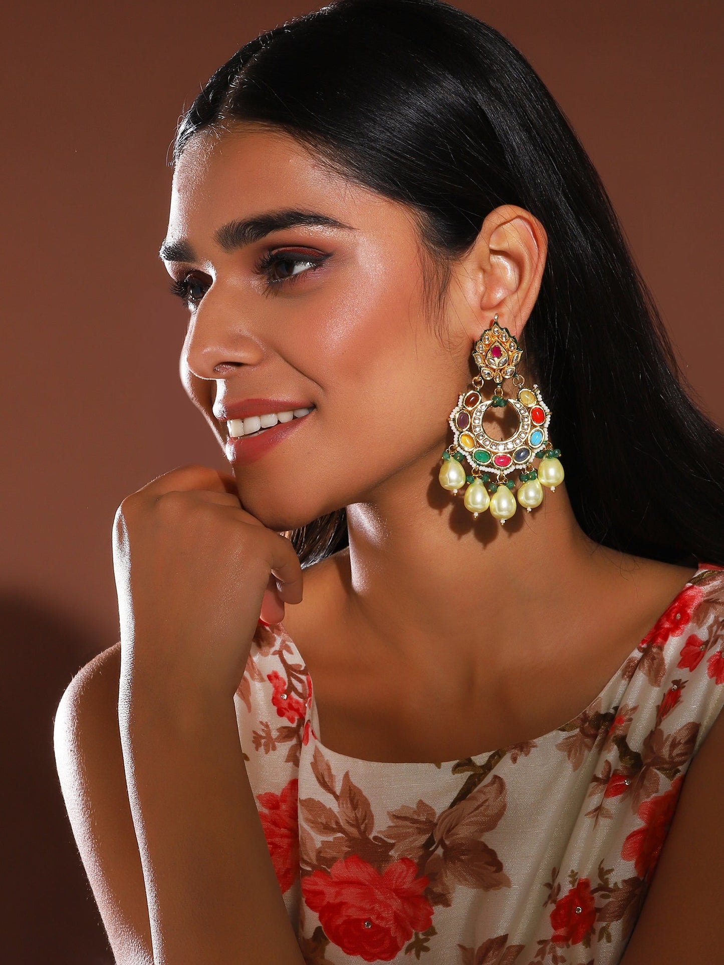 Multicoloured Gold-Polished Circular Drop Earrings - Ruby Raang | Swadesiicart
