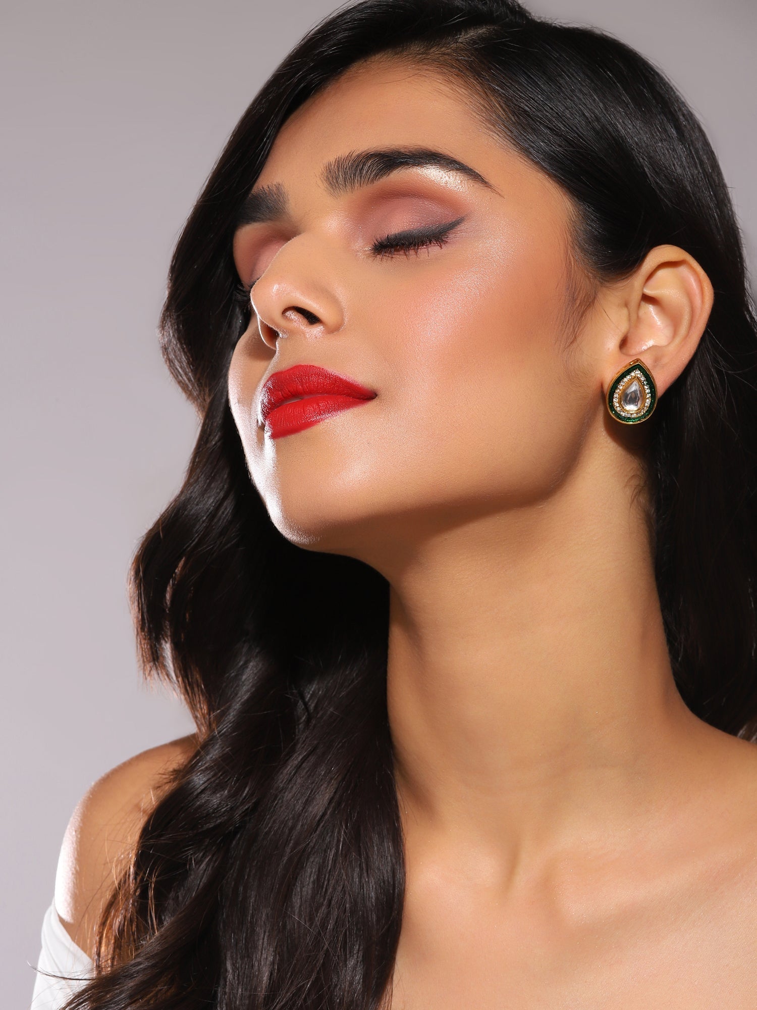 Green Gold-Polished Teardrop Shaped Studs Earrings - Ruby Raang - Swadesiicart