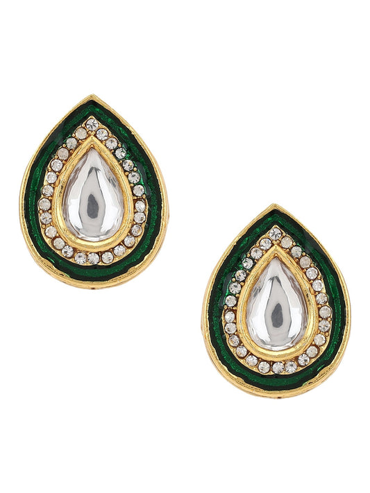 Green Gold-Polished Teardrop Shaped Studs Earrings - Ruby Raang - Swadesiicart