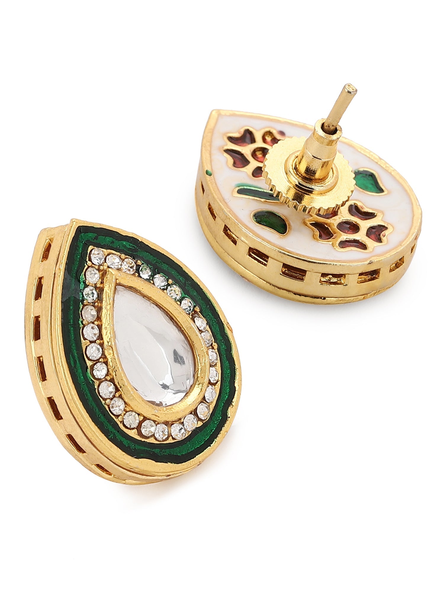 Green Gold-Polished Teardrop Shaped Studs Earrings - Ruby Raang - Swadesiicart