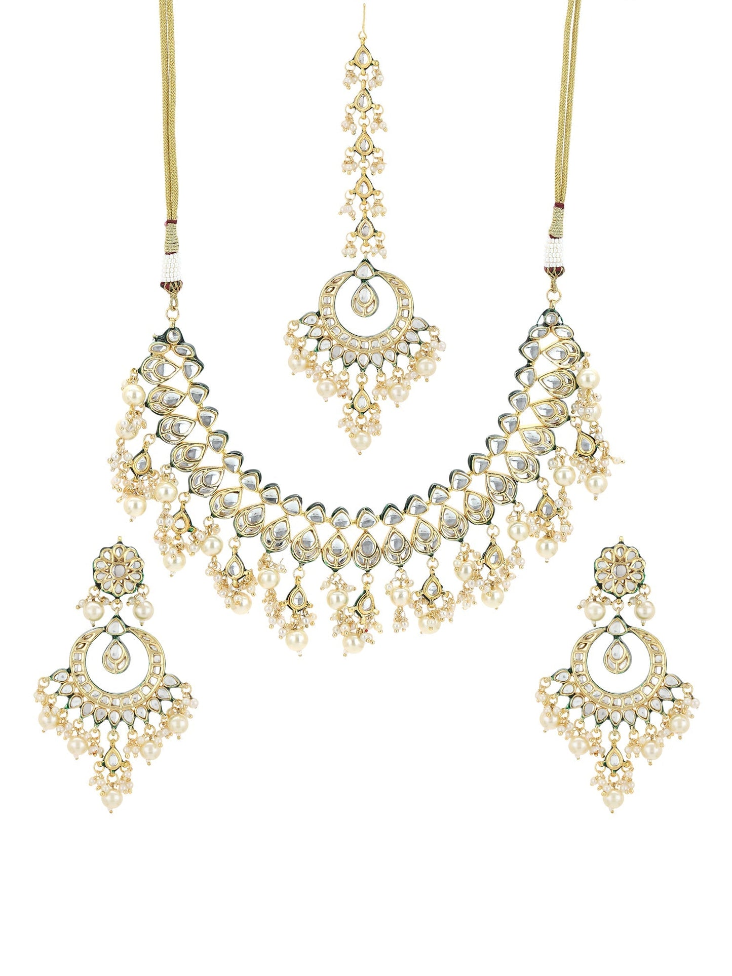 Gold-Polished Green Kundan-Studded Pearl Beaded Jewellery Set - Ruby Raang - Swadesiicart