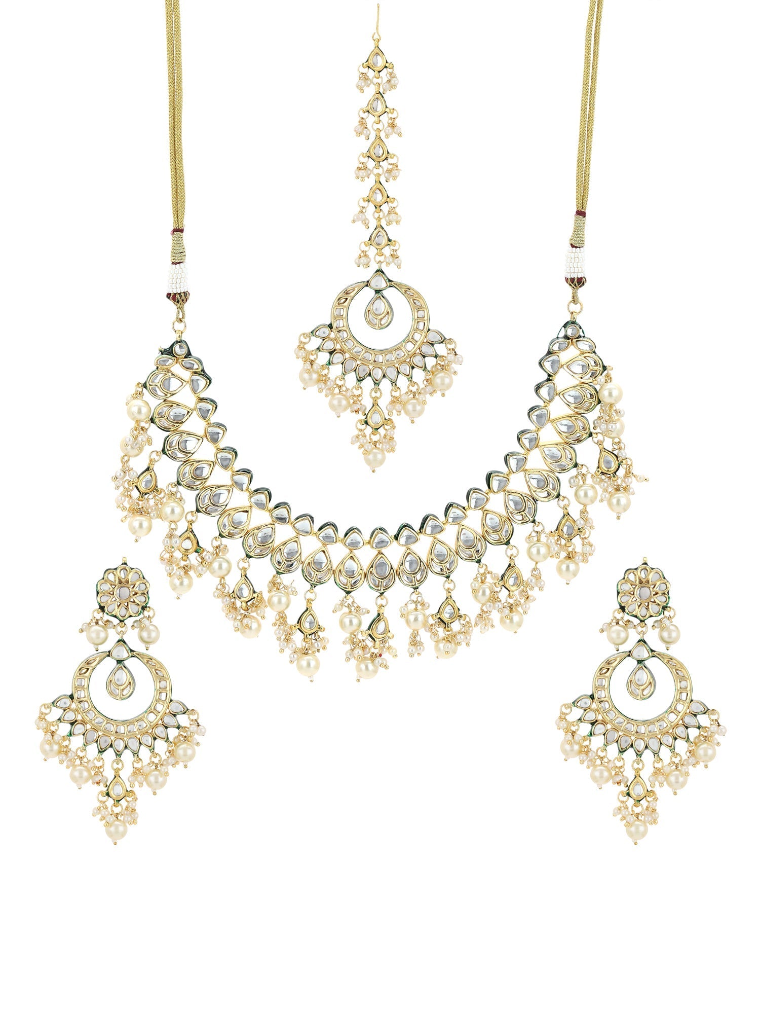 Gold-Polished Green Kundan-Studded Pearl Beaded Jewellery Set - Ruby Raang - Swadesiicart