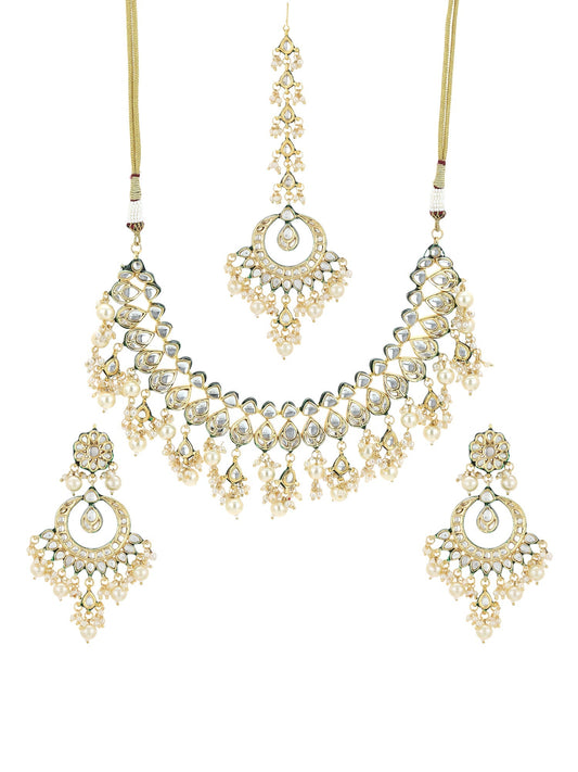 Gold-Polished Green Kundan-Studded Pearl Beaded Jewellery Set - Ruby Raang - Swadesiicart