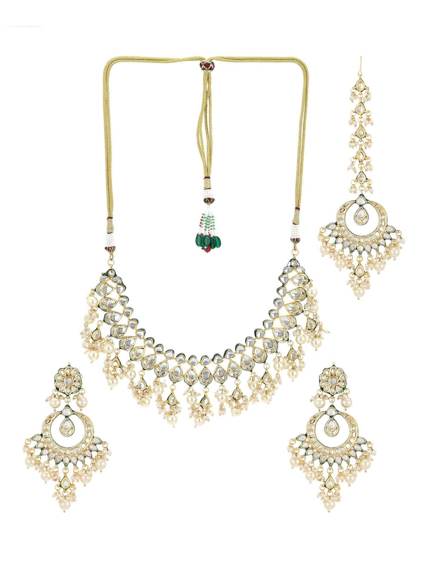 Gold-Polished Green Kundan-Studded Pearl Beaded Jewellery Set - Ruby Raang - Swadesiicart