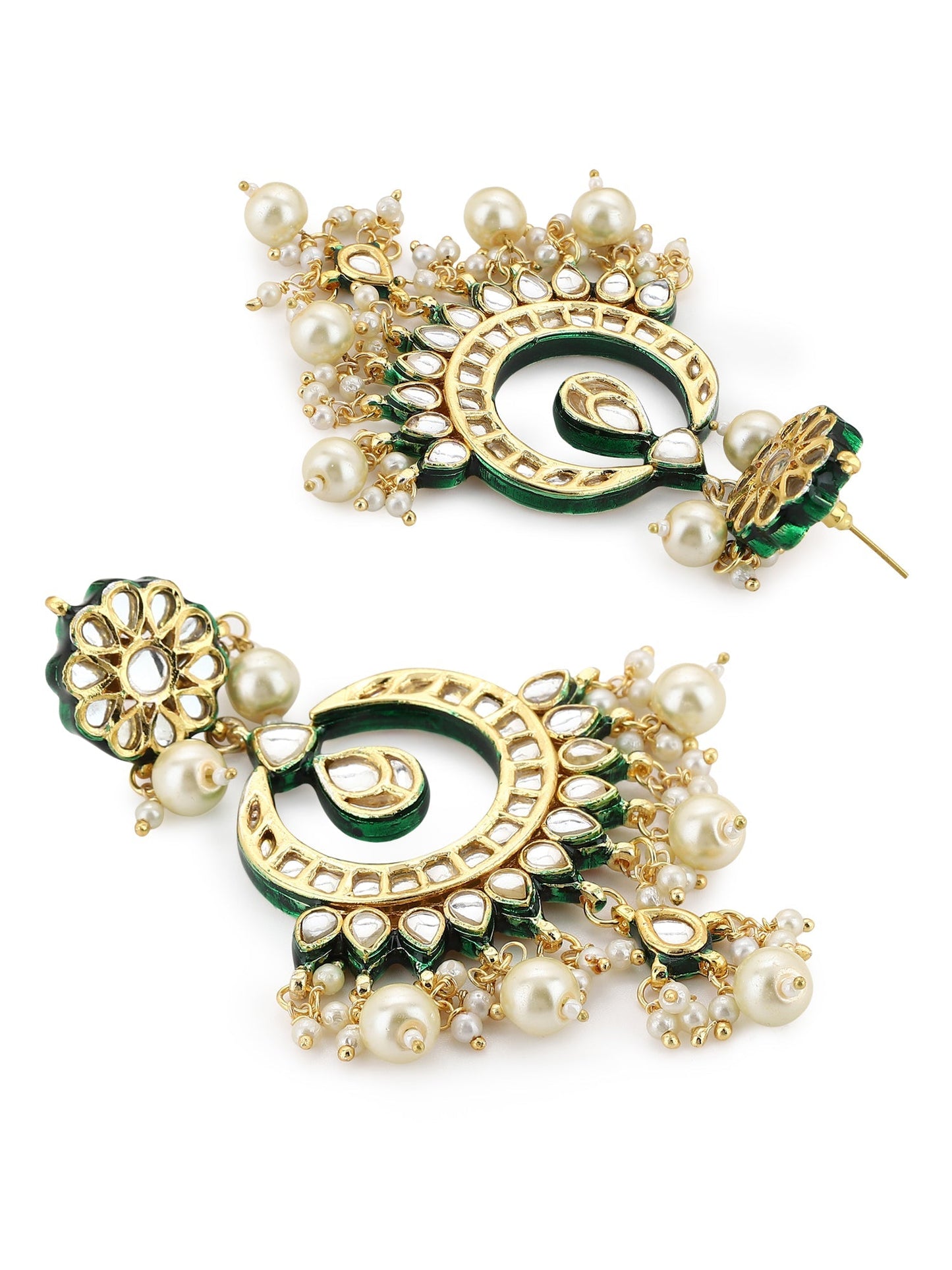 Gold-Polished Green Kundan-Studded Pearl Beaded Jewellery Set - Ruby Raang - Swadesiicart