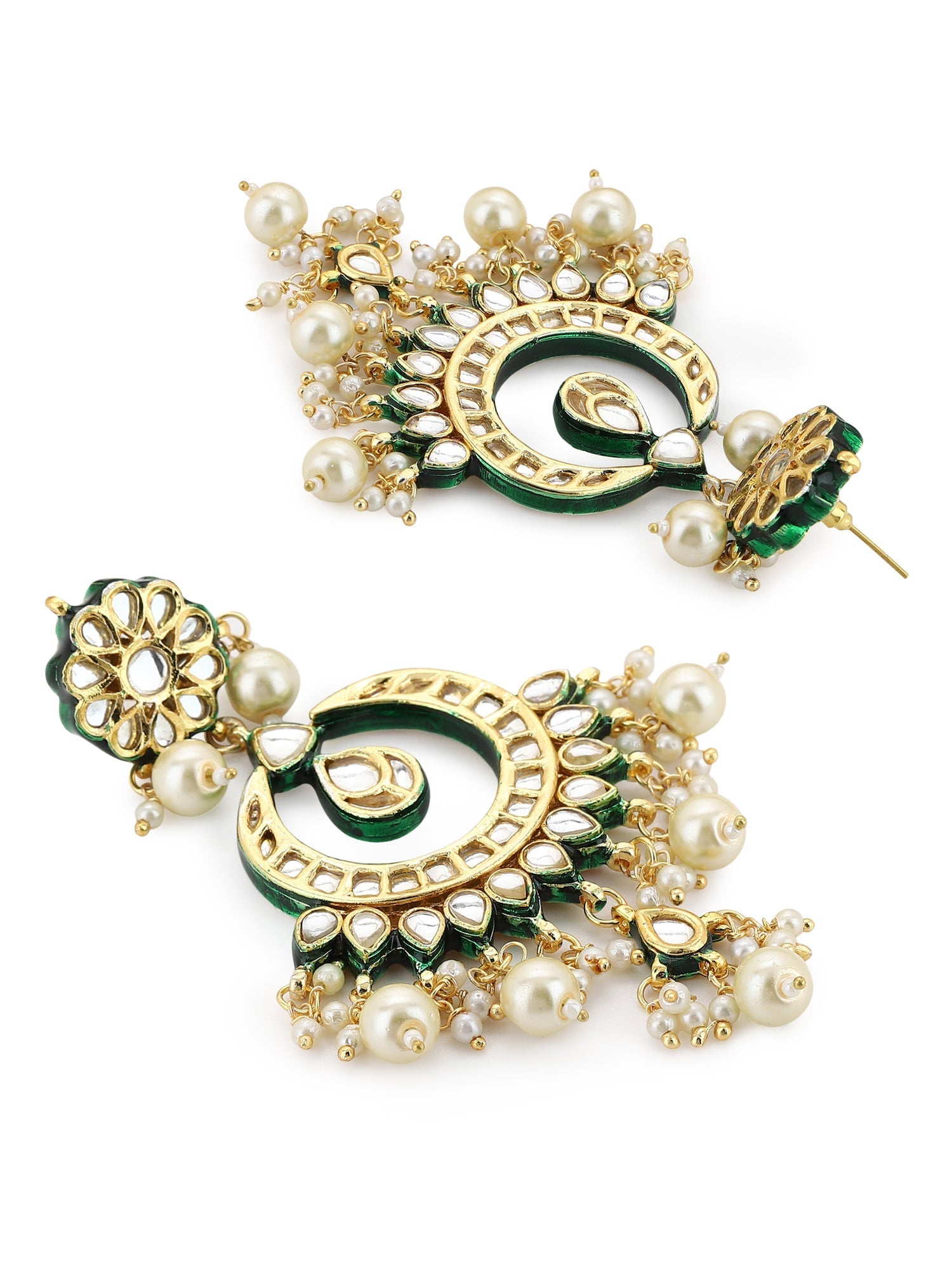 Gold-Polished Green Kundan-Studded Pearl Beaded Jewellery Set - Ruby Raang - Swadesiicart