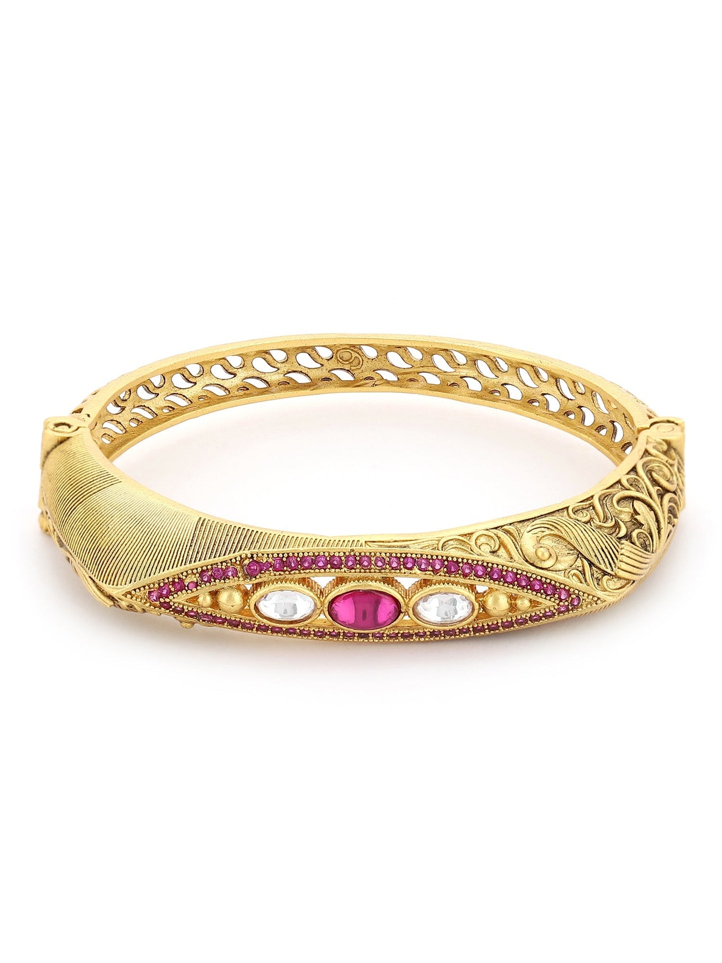 Women's Gold-Toned Pink Brass Kundan Handcrafted Gold-Polished Kada Bracelet - Ruby Raang - Swadesiicart