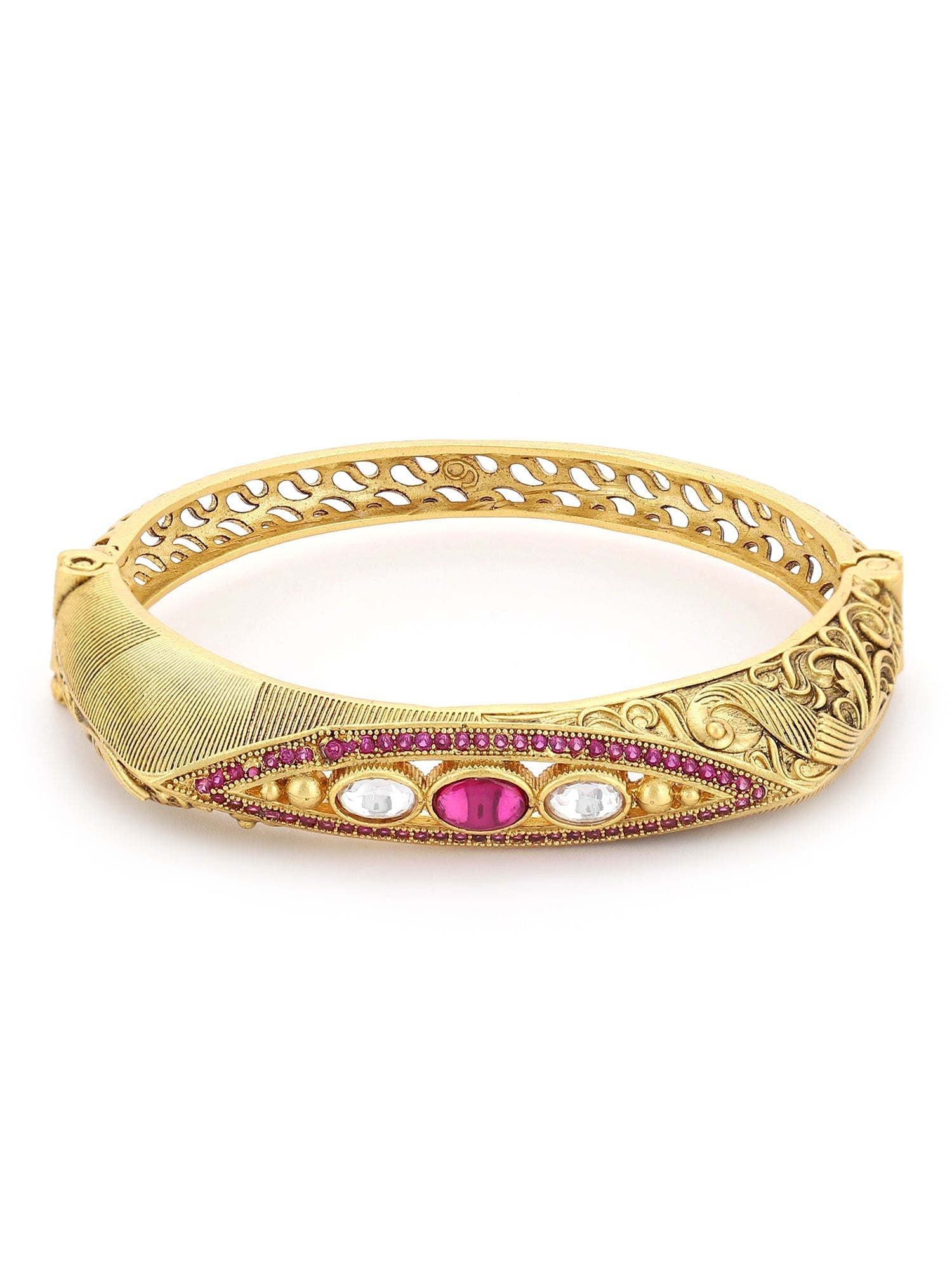 Women's Gold-Toned Pink Brass Kundan Handcrafted Gold-Polished Kada Bracelet - Ruby Raang - Swadesiicart