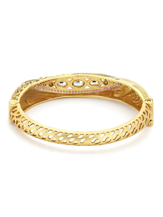 Women's Gold-Toned Pink Brass Kundan Handcrafted Gold-Polished Kada Bracelet - Ruby Raang - Swadesiicart