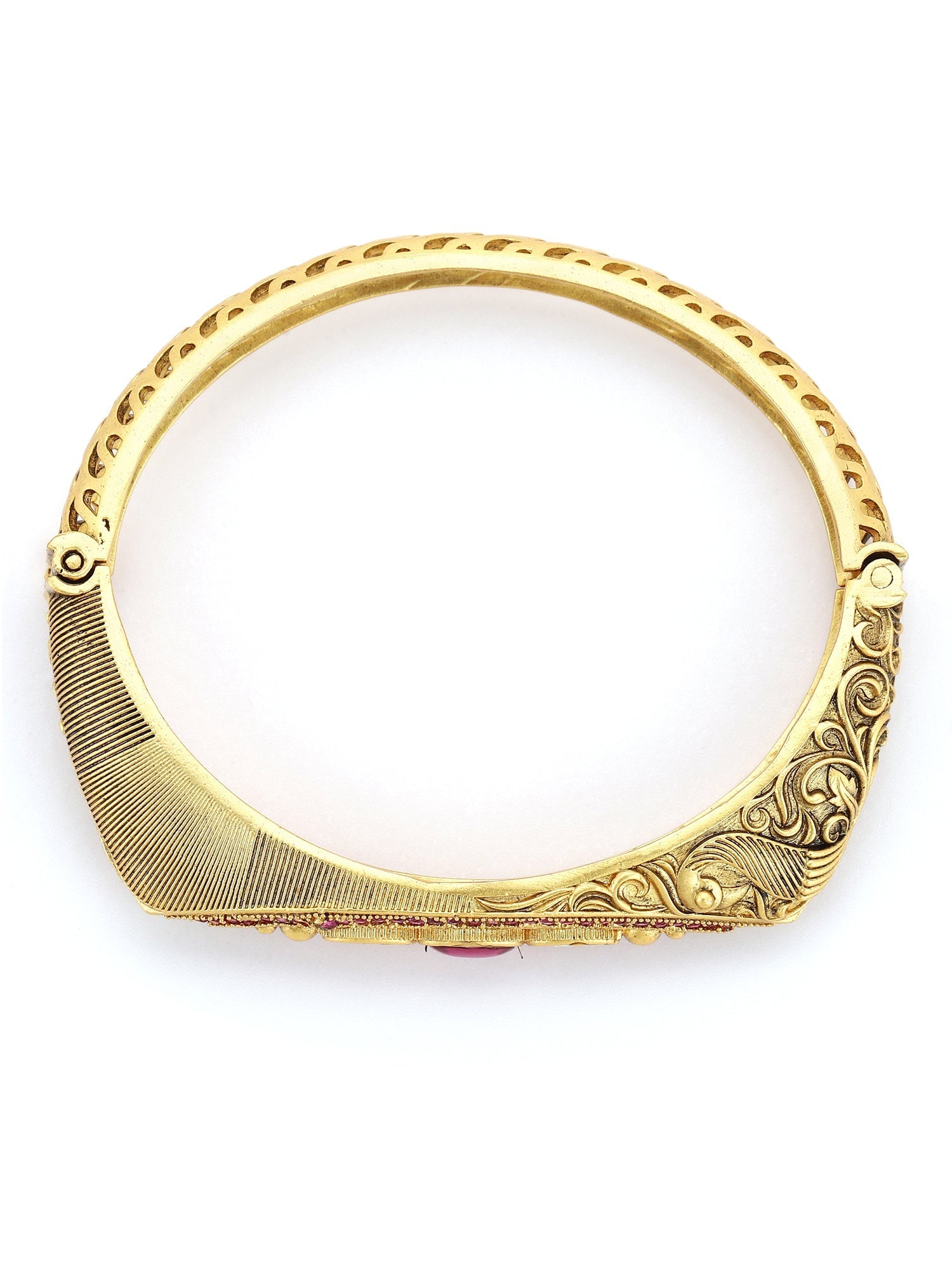 Women's Gold-Toned Pink Brass Kundan Handcrafted Gold-Polished Kada Bracelet - Ruby Raang - Swadesiicart