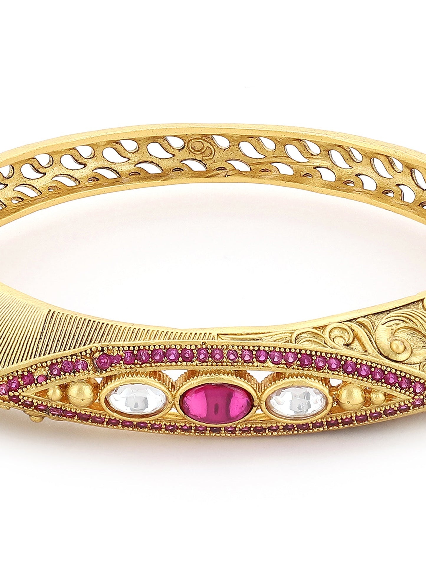 Women's Gold-Toned Pink Brass Kundan Handcrafted Gold-Polished Kada Bracelet - Ruby Raang - Swadesiicart