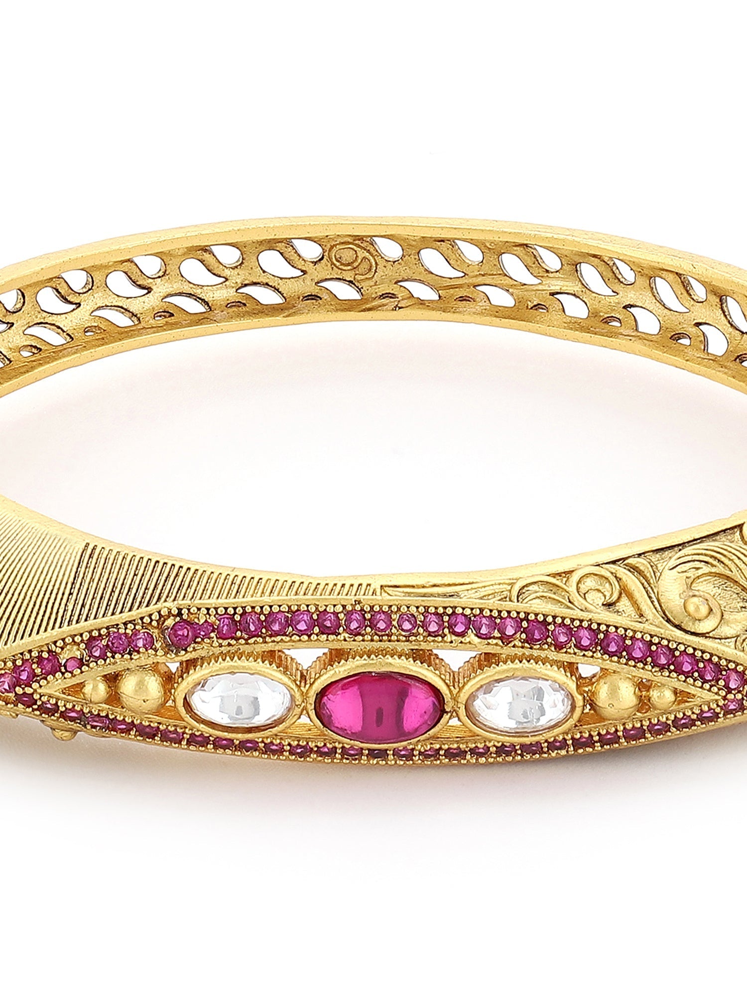 Women's Gold-Toned Pink Brass Kundan Handcrafted Gold-Polished Kada Bracelet - Ruby Raang - Swadesiicart