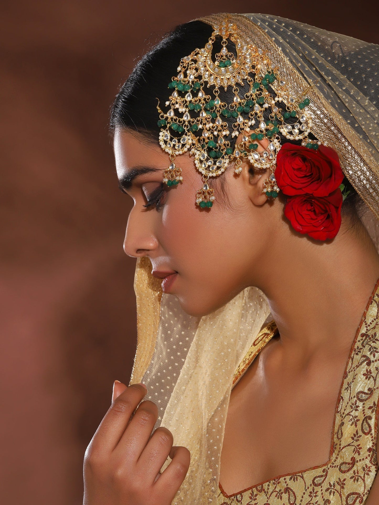 Gold-Polished White Green Kundan-Studded Beaded Jhoomar Passa - Ruby Raang | Swadesiicart