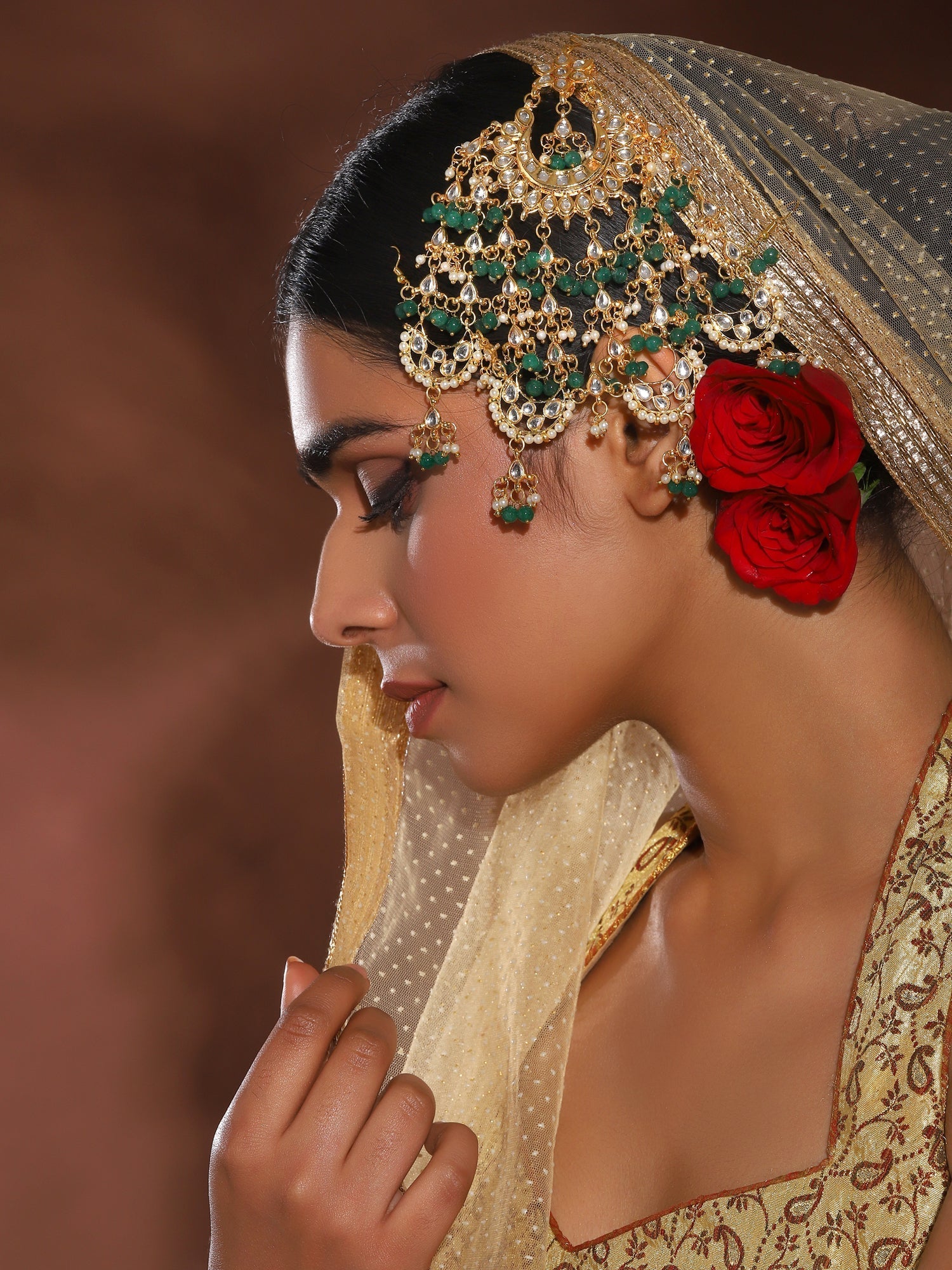 Gold-Polished White Green Kundan-Studded Beaded Jhoomar Passa - Ruby Raang | Swadesiicart