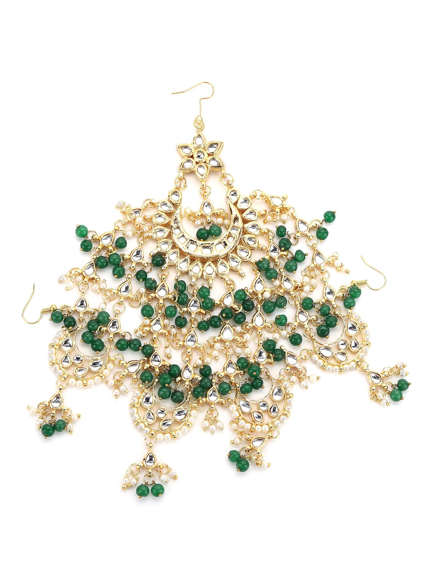 Gold-Polished White Green Kundan-Studded Beaded Jhoomar Passa - Ruby Raang | Swadesiicart