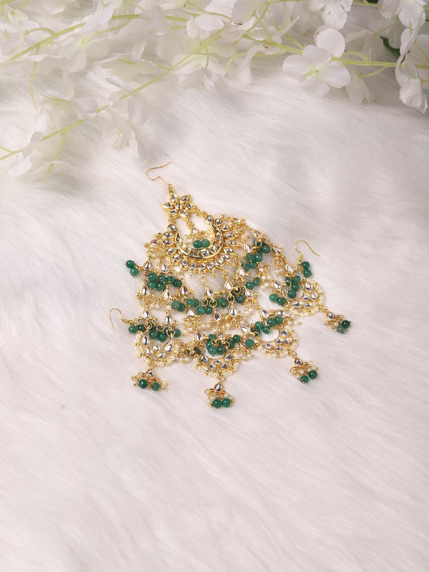 Gold-Polished White Green Kundan-Studded Beaded Jhoomar Passa - Ruby Raang | Swadesiicart