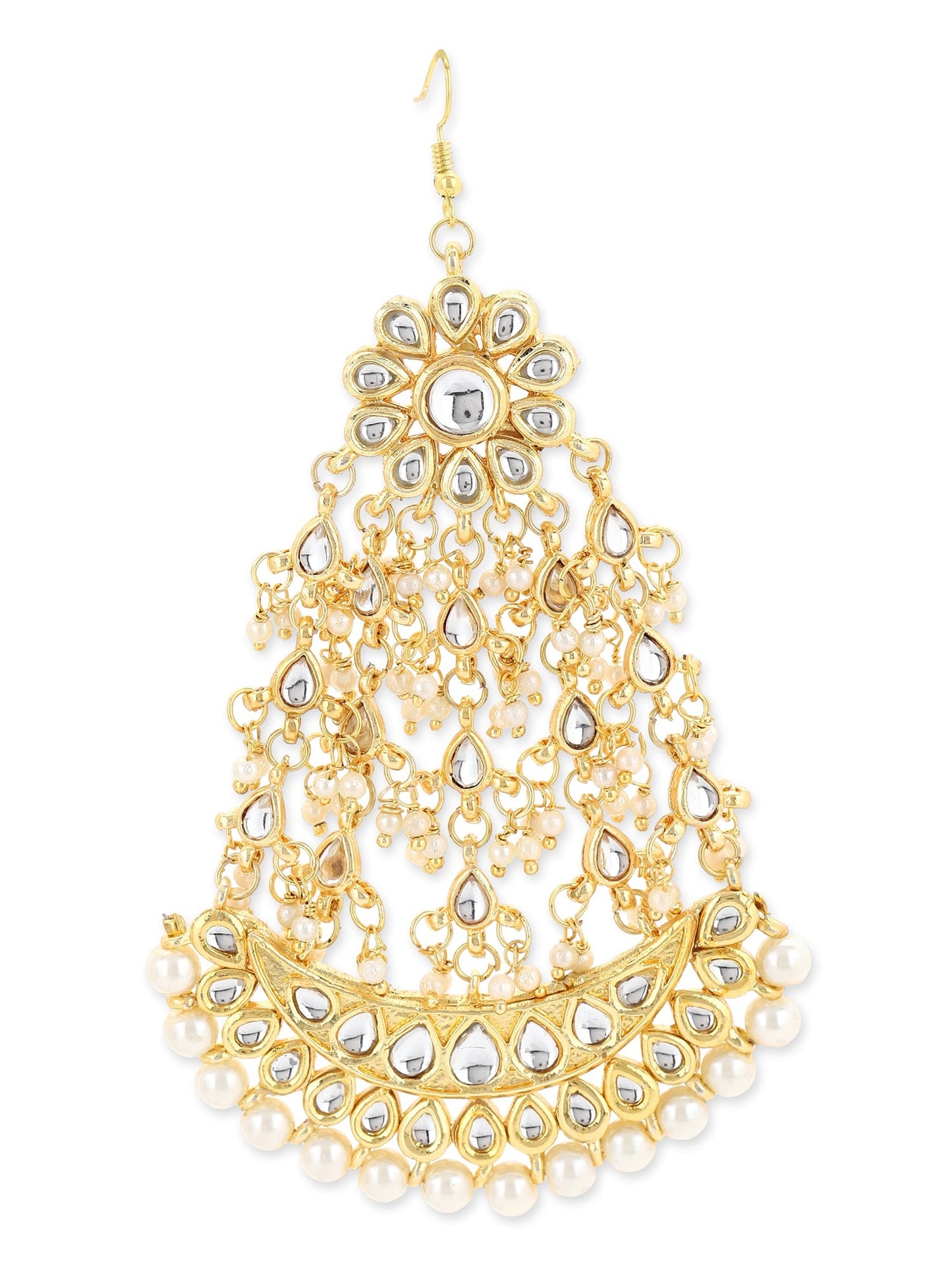 Gold-Polished White Kundan-Studded Beaded Handcrafted Jhumar Passa - Ruby Raang | Swadesiicart