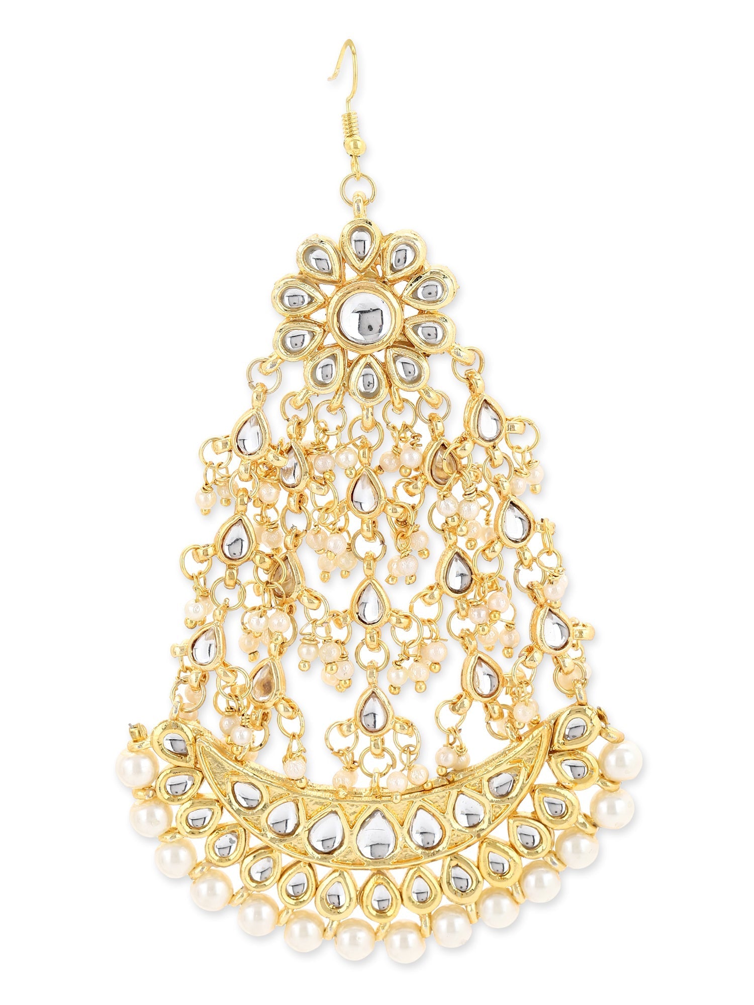 Gold-Polished White Kundan-Studded Beaded Handcrafted Jhumar Passa - Ruby Raang | Swadesiicart
