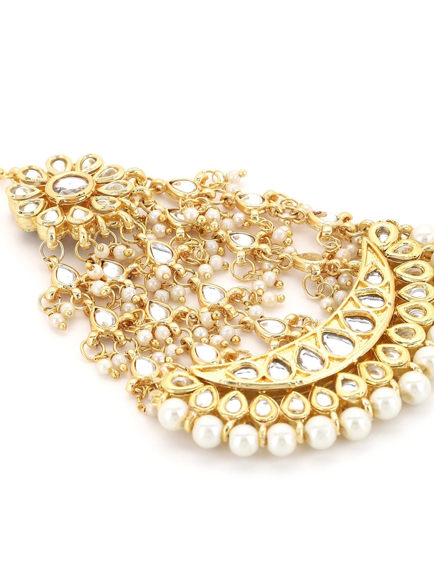 Gold-Polished White Kundan-Studded Beaded Handcrafted Jhumar Passa - Ruby Raang | Swadesiicart