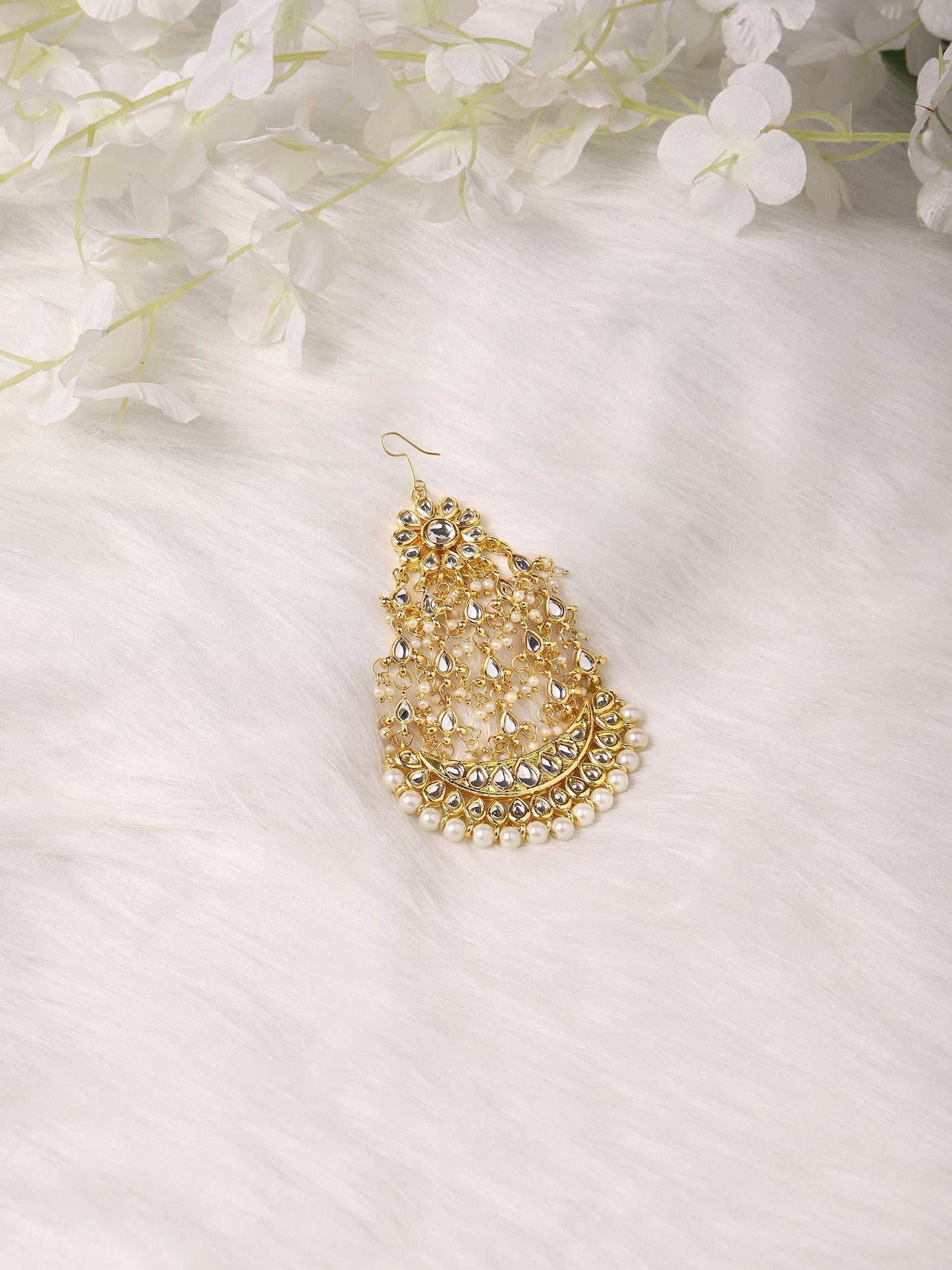 Gold-Polished White Kundan-Studded Beaded Handcrafted Jhumar Passa - Ruby Raang | Swadesiicart