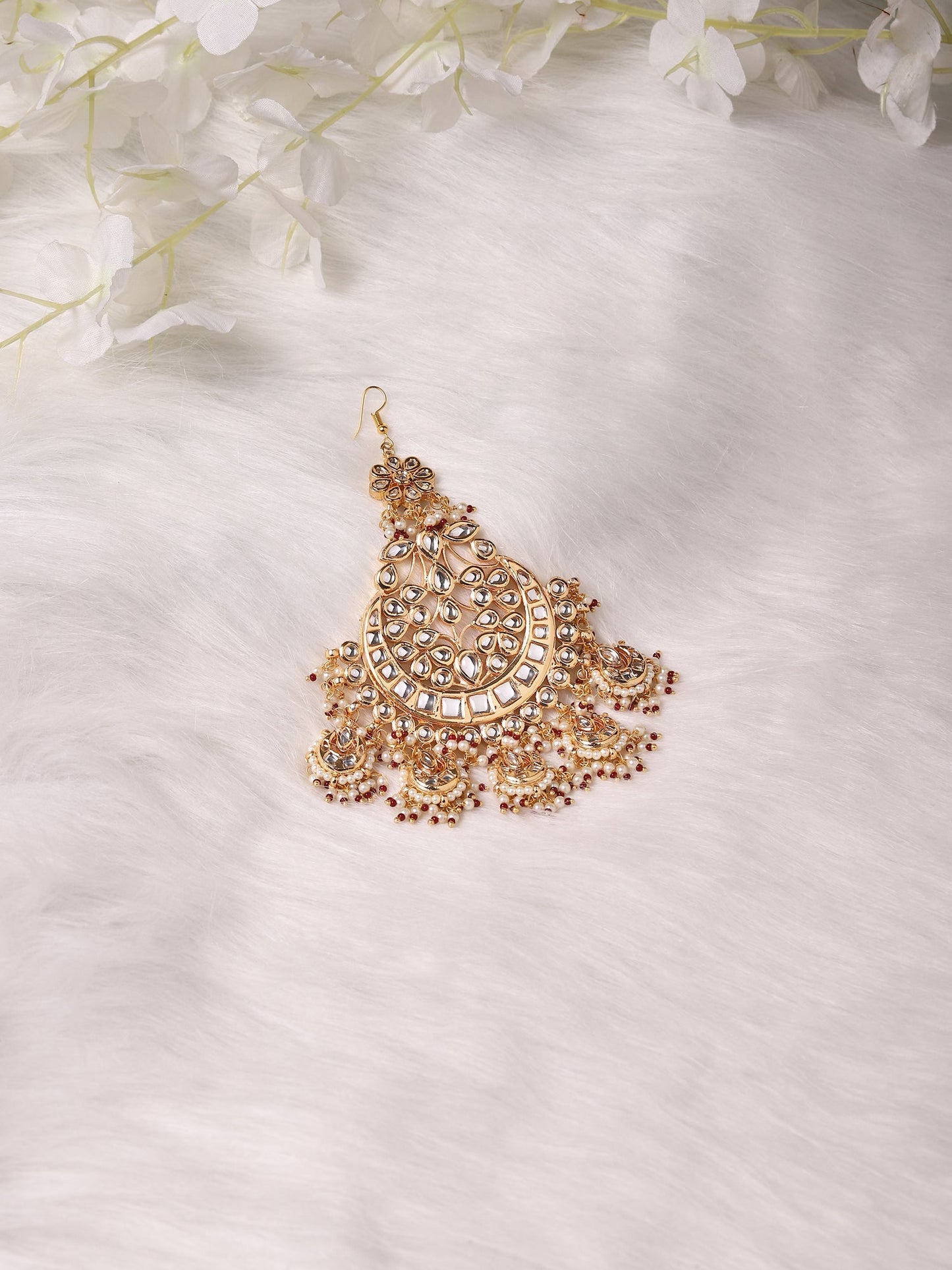 Women's Gold-Polished White Red Kundan-Studded Beaded Jhumar Passa - Ruby Raang | Swadesiicart