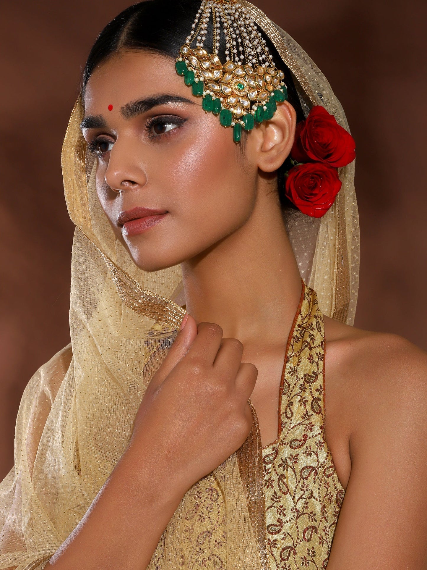 Gold-Polished Green White Kundan Studded Jhoomar Passa - Ruby Raang | Swadesiicart