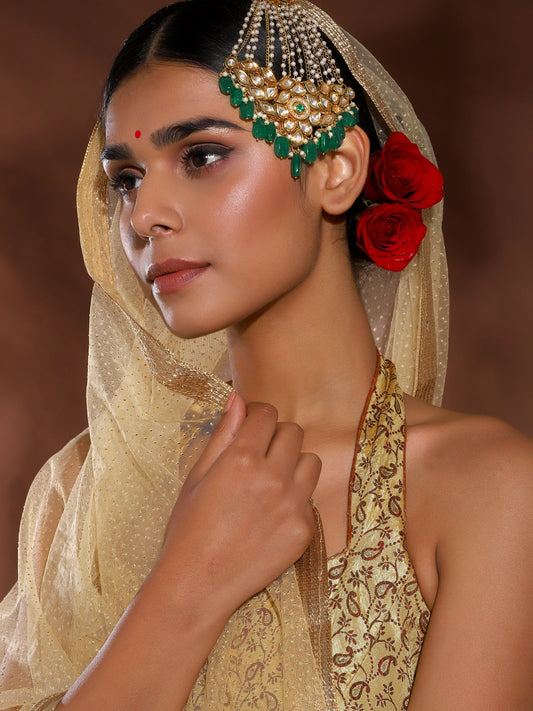 Gold-Polished Green White Kundan Studded Jhoomar Passa - Ruby Raang | Swadesiicart