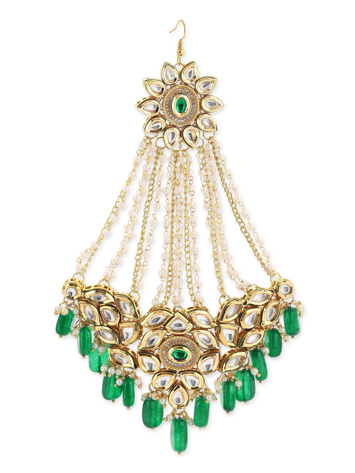 Gold-Polished Green White Kundan Studded Jhoomar Passa - Ruby Raang | Swadesiicart