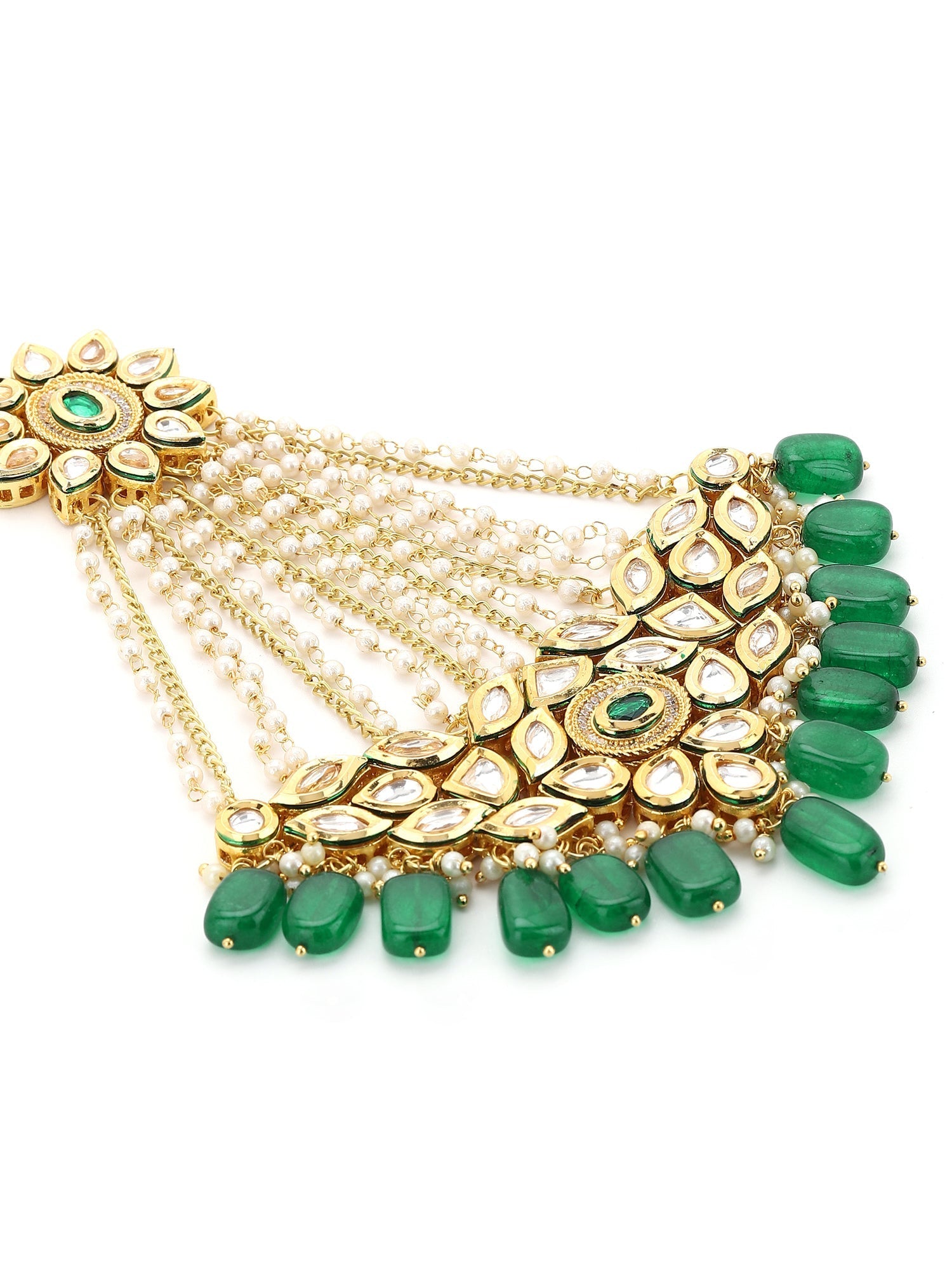 Gold-Polished Green White Kundan Studded Jhoomar Passa - Ruby Raang | Swadesiicart