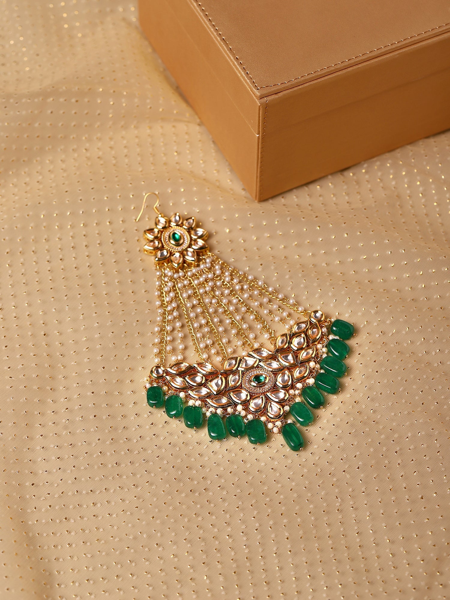 Gold-Polished Green White Kundan Studded Jhoomar Passa - Ruby Raang | Swadesiicart