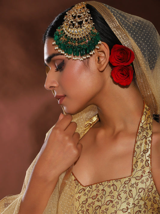 Gold-Polished Green White Kundan-Studded Jhumar Passa - Ruby Raang | Swadesiicart