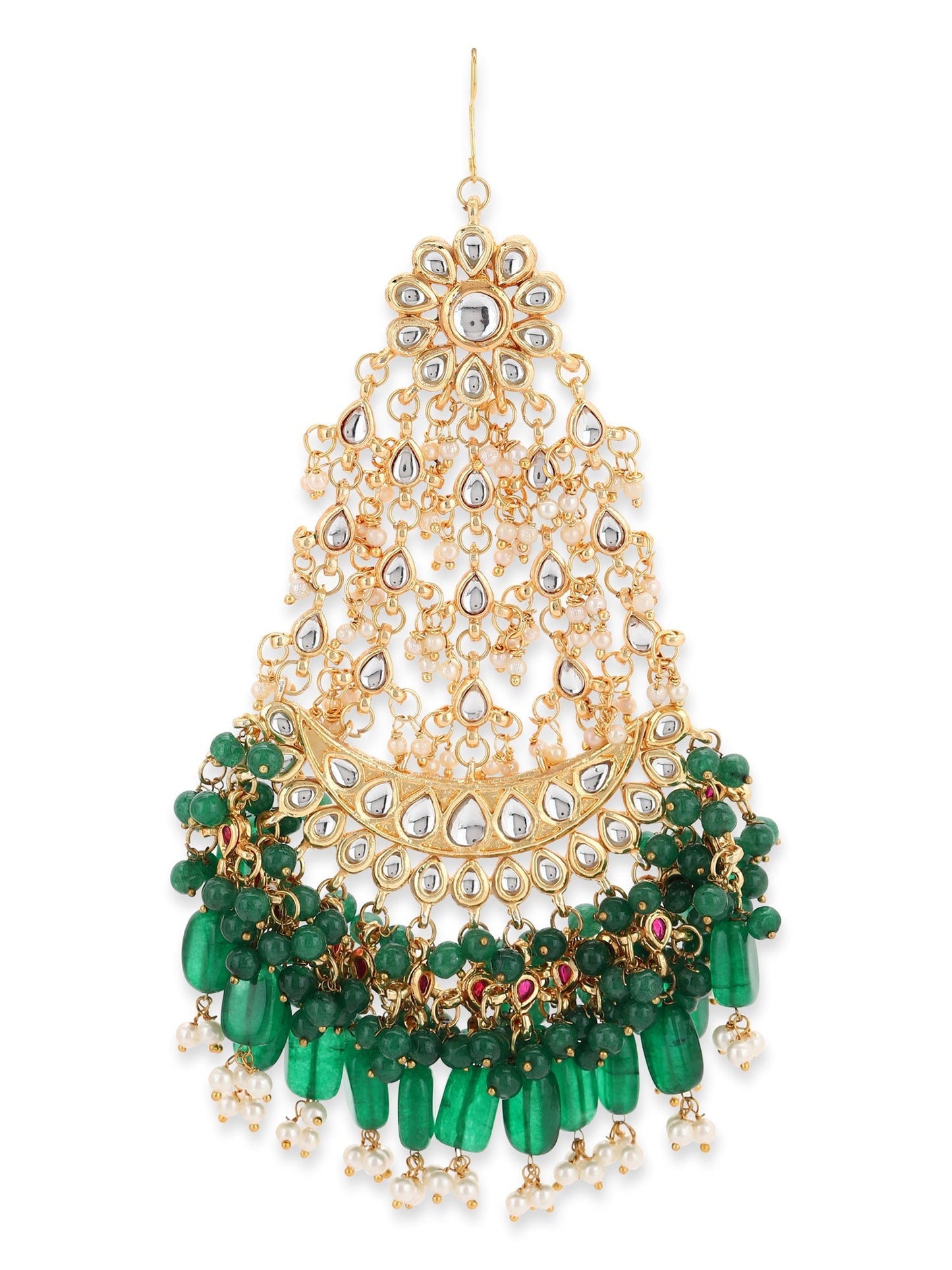Gold-Polished Green White Kundan-Studded Jhumar Passa - Ruby Raang | Swadesiicart