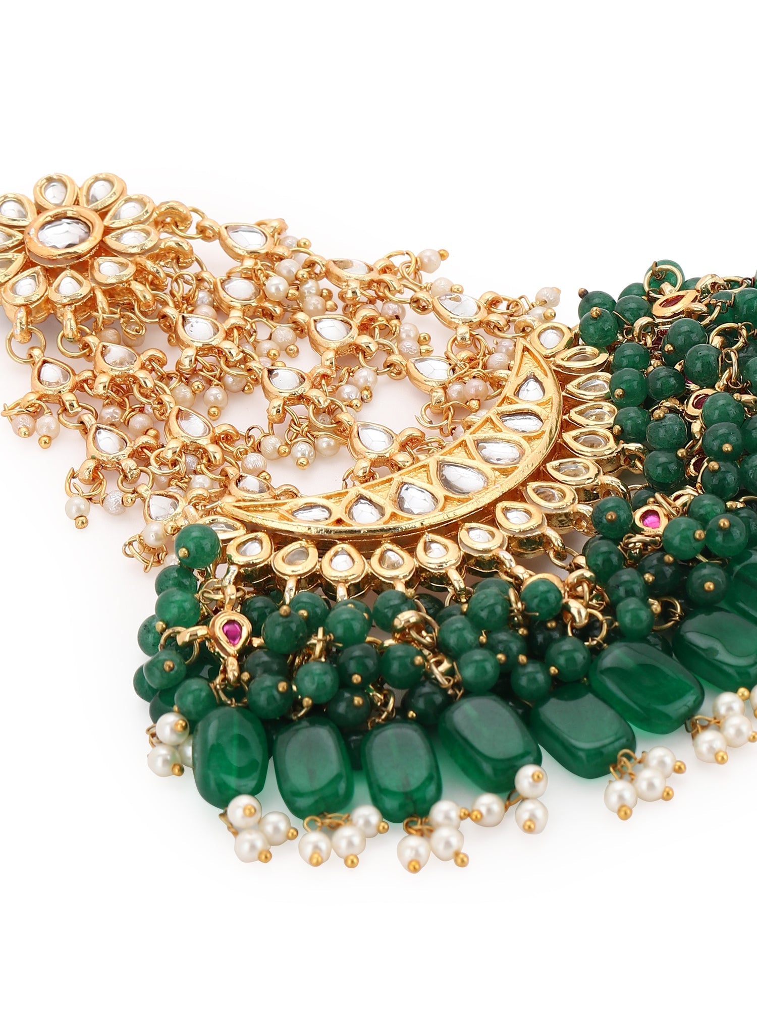Gold-Polished Green White Kundan-Studded Jhumar Passa - Ruby Raang | Swadesiicart