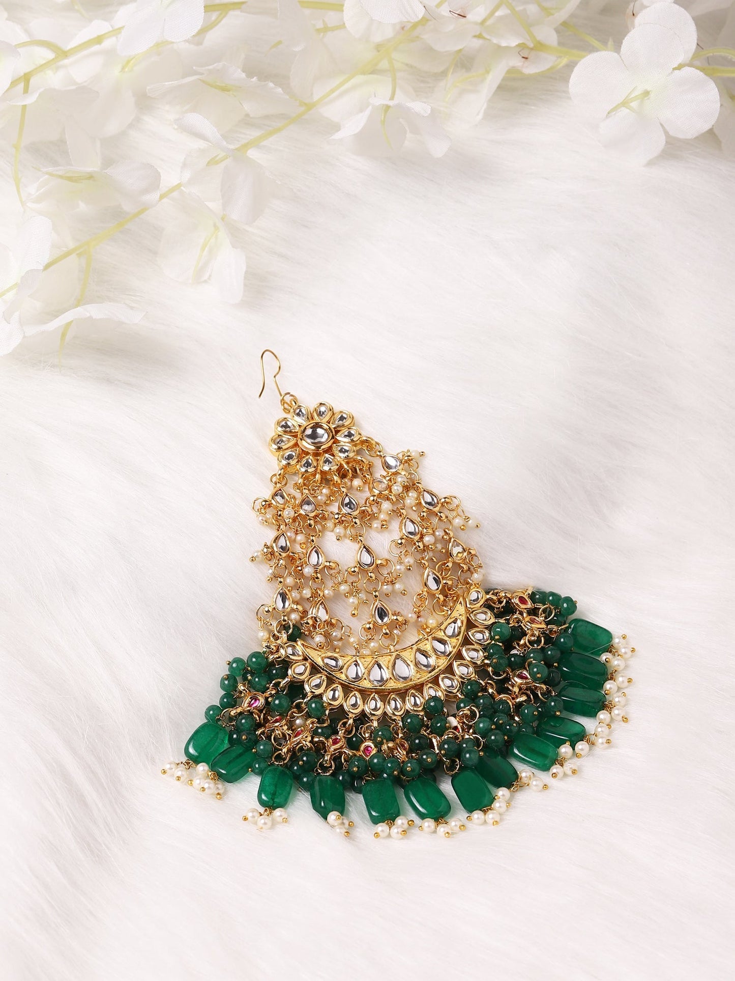 Gold-Polished Green White Kundan-Studded Jhumar Passa - Ruby Raang | Swadesiicart