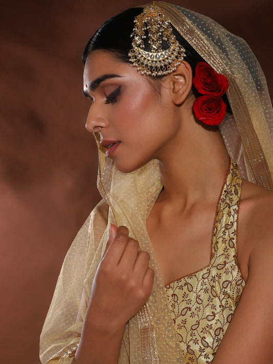 Gold-Polished White Gold Kundan-Studded Beaded Jhoomar Passa - Ruby Raang | Swadesiicart