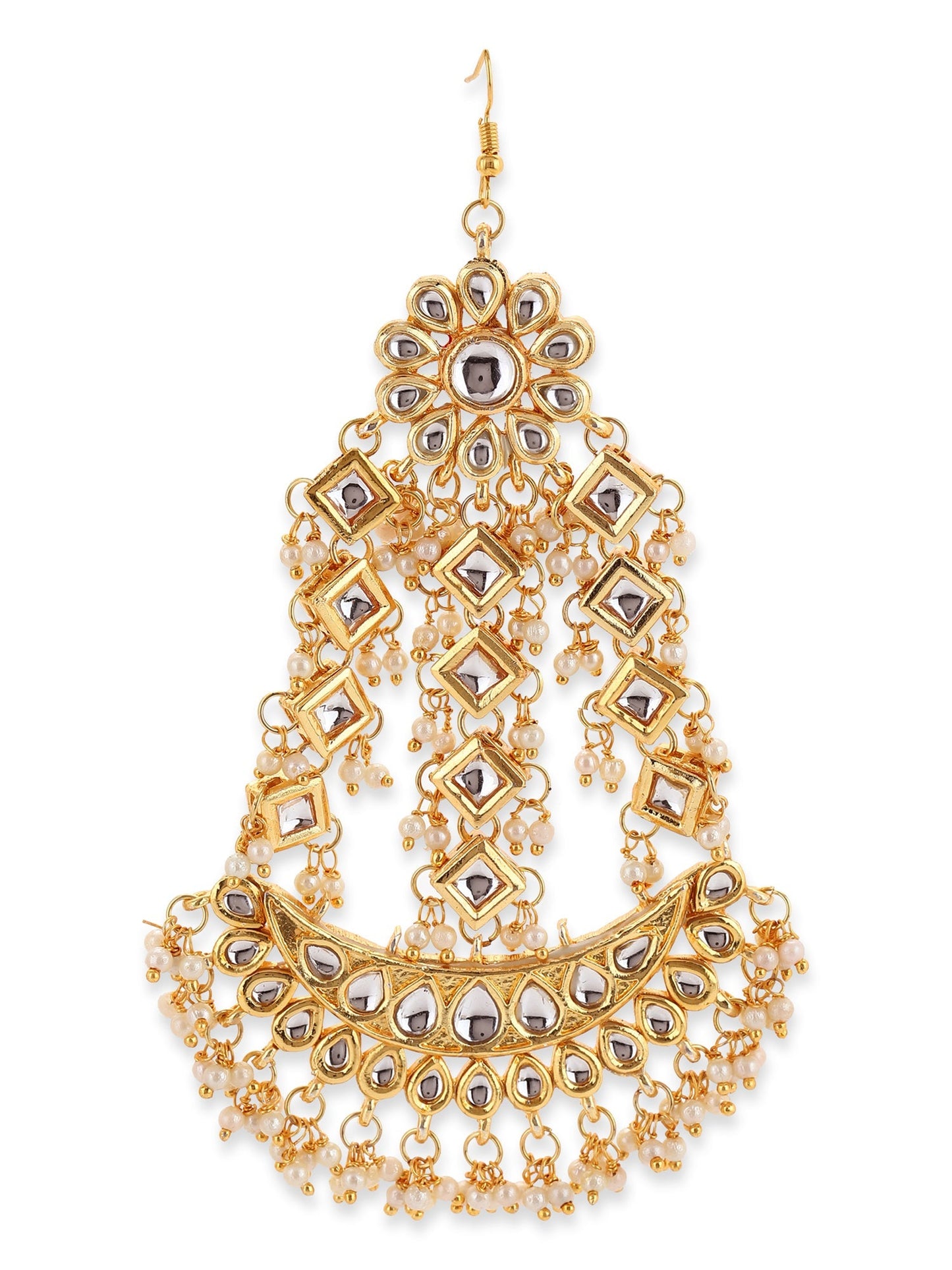 Gold-Polished White Gold Kundan-Studded Beaded Jhoomar Passa - Ruby Raang | Swadesiicart