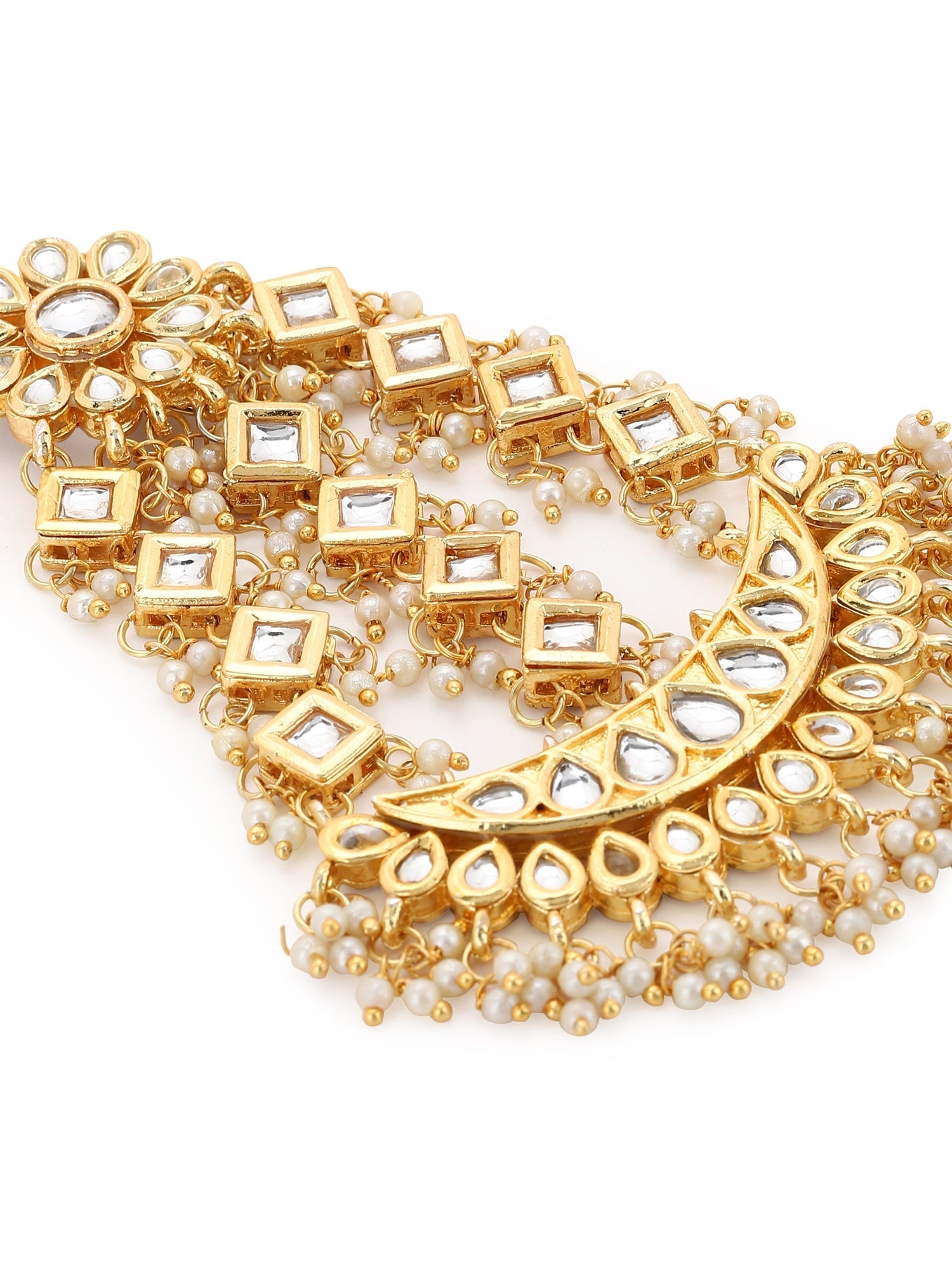 Gold-Polished White Gold Kundan-Studded Beaded Jhoomar Passa - Ruby Raang | Swadesiicart