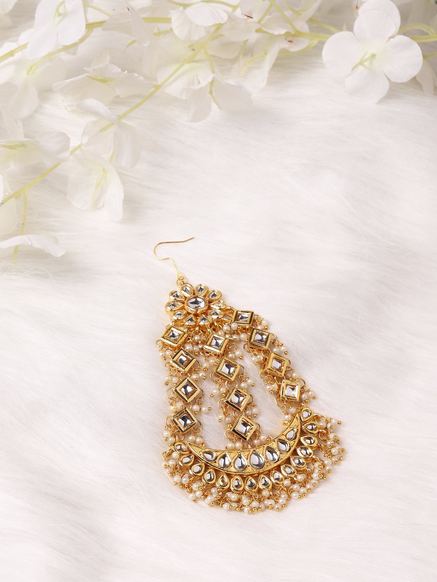 Gold-Polished White Gold Kundan-Studded Beaded Jhoomar Passa - Ruby Raang | Swadesiicart