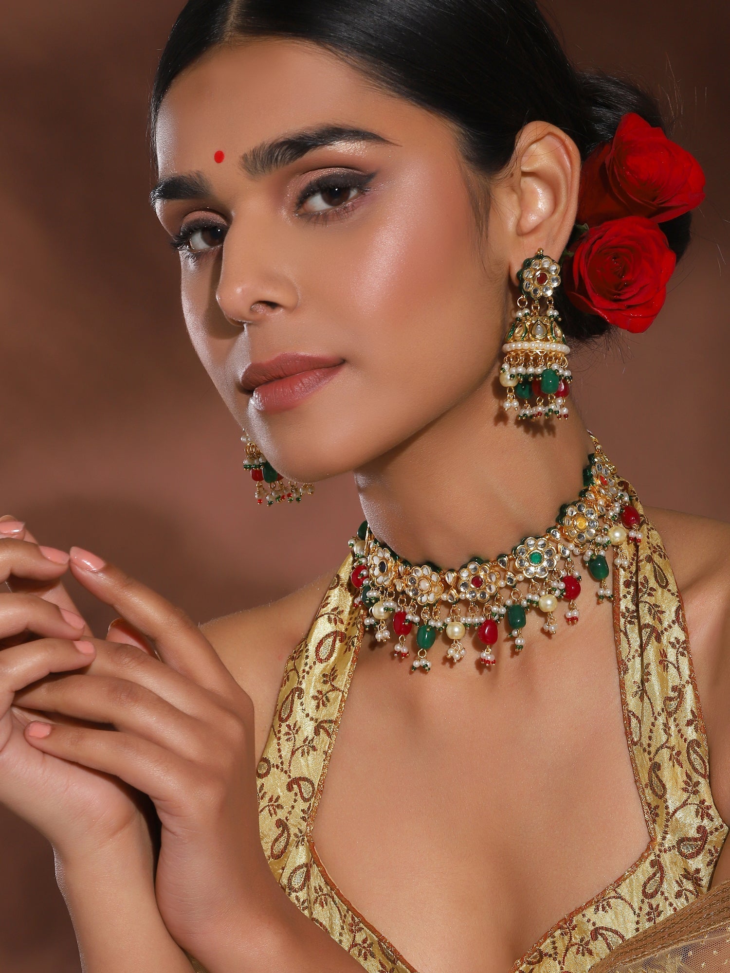 Gold-Polished Green White Kundan Stone-Studded Pearl-Beaded Jewellery Set - Ruby Raang - Ruby Raang Studio