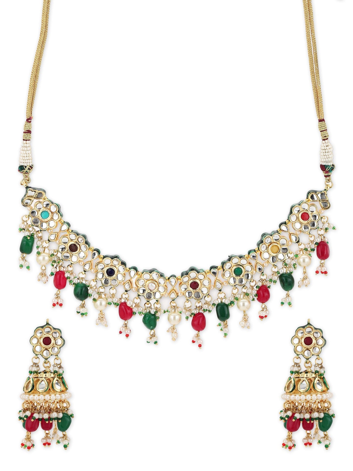 Gold-Polished Green White Kundan Stone-Studded Pearl-Beaded Jewellery Set - Ruby Raang - Swadesiicart